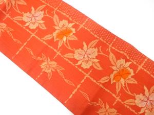 未使用品　格子に蘭模様織り出し　名古屋帯